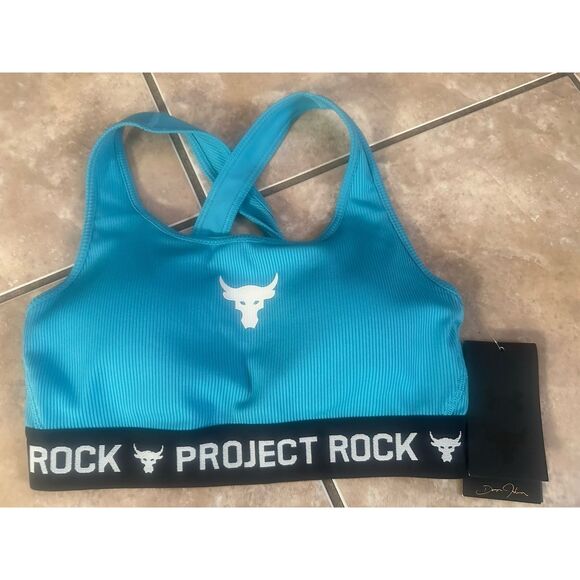Under Armour Project Rock Brahma Bull Black/Blue Sports Bra Women’s NWT Small S - Picture 1 of 4